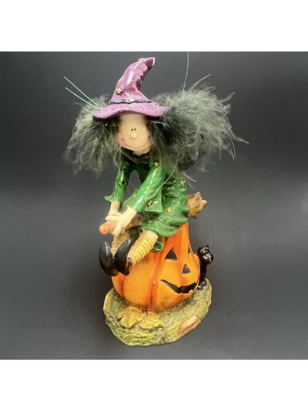 Whimsical Witch Broom Pumpkin Black Cat Figurine #964858 Glitter Halloween Decor